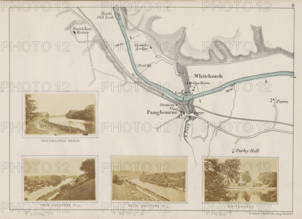 Whitchurch, View of Whitchurch, photograph, page, photographer: Henry W. Taunt, publisher: Edward Stanford, London, 1871, paper, albumen print, height 32 mm x width 53 mm, river, city view, and landscape with man-made constructions, Thames, A sheet showing a map segment at the top right with a pale blue river winding through shaded contour hills and inked roads and tracks, a clustered village area with small rectangular buildings and bridges, and a lock and channel detail; to the left of the map a small sepia photograph framed with a white border depicting a tree-lined riverbank with a grassy path and water reflecting the sky; below the map three sepia landscape photographs in white frames showing river views with trees and banks from elevated angles, each photograph bordered by a thin lined rectangle, all elements arranged on a cream paper background with a narrow rectangular outer border.