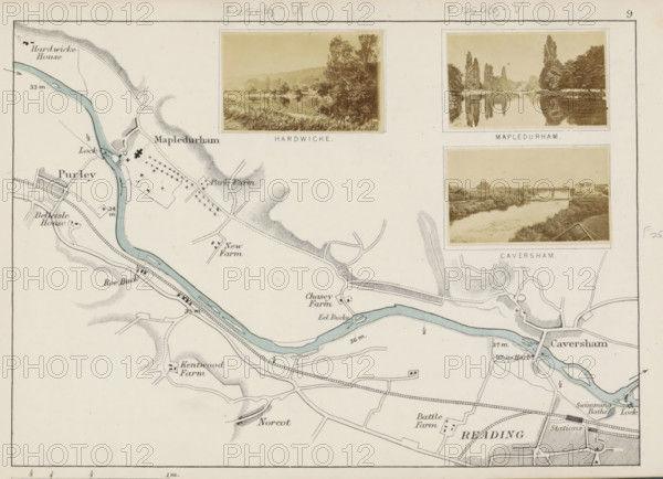 View of Hardwicke, Hardwicke, photograph, page, photographer: Henry W. Taunt, 1871, Gloucestershire, paper, albumen print, albumendruk, height 32 mm x width 53 mm, river, Thames, A section of a printed map showing a winding river colored pale blue with shaded banks, surrounding countryside with roads, fields, and contour hachures, small square and rectangular building symbols, and labels that are present but not described; three sepia photographic inserts in rectangular frames along the top right and center right, each showing riverside scenes with trees, vegetation, and reflections in water; rail lines and bridges crossing the river, clusters of small buildings near the lower right, and a scale bar along the bottom edge.