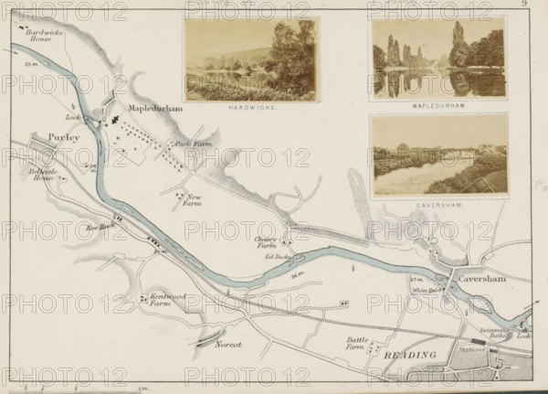 Mapledurham, View of Mapledurham across the Thames, photograph, page, photographer: Henry W. Taunt, 1871, Oxfordshire, paper, albumen print, height 31 mm x width 51 mm, river, Thames, A large section of a vintage map with a river shaded pale blue winding across a cream background, surrounded by finely drawn contour lines and roadways, small building symbols, and farm plots; three rectangular sepia photographs with thin borders are arranged near the top showing tree-lined river scenes and a bridge over water, each mounted above labeled captions that are not described; the map includes various small symbols, dots indicating clusters, and hand-drawn shading to show elevation, with a decorative border visible around the edges.