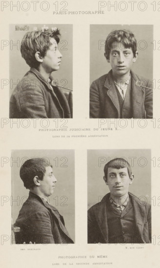Photographe judiciair du jeune x, Photographie du même, Portraits of a juvenile criminal, made after his first and after his second arrest, page, photomechanical print, inscription: 'lors de sa première arrestation lors de la second arrestation', France, printer (person): Michel Berthaud, Paris, c. 1881 - in or before 1891, printer (person), paper, collotype, photoprint, height 270 mm x width 173 mm, Prints after page 102., criminals, A vertical sheet with four black and white portrait photographs arranged in two rows showing two young men photographed both in profile and facing forward; the top row shows a young male with tousled hair wearing a jacket in a left-profile shot and the same male facing forward with a neutral expression, and the bottom row shows a different young male with short hair in a left-profile shot and the same second male facing forward with a faint mustache and a slightly open-collared shirt; the portraits have plain neutral backgrounds and each subject wears dar...