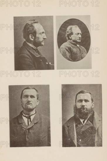Portraits of two criminals, with and without beards, page, photomechanical print, France, c. 1881 - in or before 1891, paper, collotype, photogravure, height 272 mm x width 173 mm, Prints for page 103., criminals, A vertically oriented page with four rectangular black-and-white portrait photographs arranged in two rows, the top row showing a left-profile portrait of a man with short hair and facial hair in a dark coat on the left and an oval-framed three-quarter view of a man with wavy hair and a textured jacket on the right, and the bottom row showing two frontal portraits of men wearing jackets and neckties, the left man with a clean-shaven face and a slight downward mouth expression and the right man with a full beard and mustache, both images surrounded by a wide pale margin.