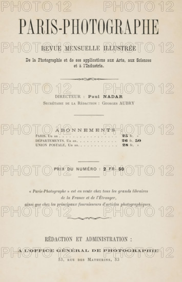 Paris-Photographe première année 1891 No 3, page, magazine, 1891, paper, engraving, printing, collotype, autotype, photoaquatint, height 272 mm x width 180 mm x thickness 6 mm, Magazine is in a binder., A cream-colored page with a large bold title at the top, smaller lines of printed text and decorative flourishes arranged vertically down the center, several horizontal dividing lines, and scattered smaller type blocks toward the middle and bottom; the paper shows light aged spots and subtle discoloration.