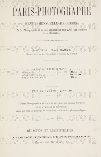 Paris-Photographe première année 1891 No 5, page, magazine, 1891, paper, engraving, printing, autotype, photoaquatint, height 272 mm x width 180 mm x thickness 6 mm, Magazine is in a binder., The image shows a faded off-white page with multiple lines of printed serif text in various sizes arranged vertically, featuring a large bold title at the top, smaller headings and several centered blocks of text and decorative horizontal rules spaced down the page, with a faint ornamental flourish near the center and another near the bottom, and the paper surface showing slight age spots and uneven coloration.