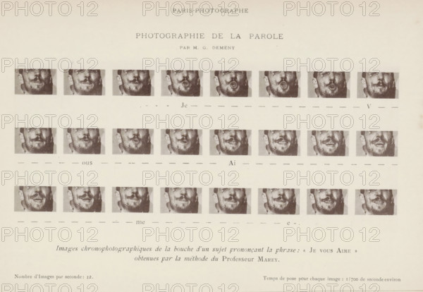 Sequence of the Mouth Pronouncing the Sentence 'Je vous aime' (I love you), page, photomechanical print, inscription: 'Nombre d'Images par second: 12. Temps de pose pour chaque image: 1, 700 de second environ', photographer: Georges Demenÿ, France, cliché maker: anonymous, c. 1891, Georges Demenÿ, photographer, cliché maker, paper, collotype, photoprint, height 180 mm x width 272 mm, Prints opposite page 306., speaking, mouth, A beige sheet showing a grid of black-and-white headshot photographs of a man with a mustache and beard arranged in horizontal rows, with each small rectangular portrait capturing different mouth shapes and facial expressions, separated by pale margins and evenly spaced across the page, with faint dashed lines and occasional small printed letter fragments between rows, and a narrow strip of small printed text centered near the bottom edge.