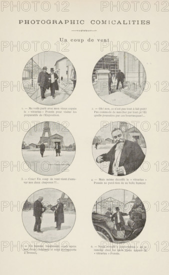 Un coup de vent, Cartoon about two men who lose their hats during a storm, page, photomechanical print, number: '1., 6.', inscription: 'Me voilà, le 'vitrarius' Ponsin.', inscription: 'Photographic comicalities', Paris, cliché maker: Michelet, M., France, c. 1881 - in or before 1891, photographer, paper, autotypie, height 270 mm x width 182 mm, head-gear: top hat, storm, A vertically oriented page shows six circular black-and-white photographic vignettes arranged in two columns and three rows on a light background; the top area contains a large centered heading in uppercase followed by a smaller decorative element and a line of smaller type, none of which are described in detail. The top-left vignette depicts two men walking side by side along a snow-covered pathway near a building and structural framework, one man holding a cane and both wearing long coats and hats. The top-right vignette shows a man near a construction-like scene with scaffolding and a pile of snow or debris, standin...