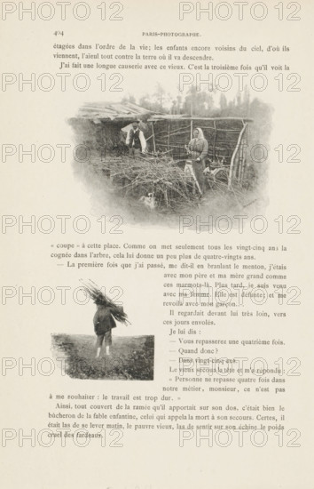 Photoreproductions of drawings, depicting a peasant family, reproduction, page, photomechanical print, Above a farmer and his wife with a stack of wood, below a man carrying wood., France, after drawing by anonymous, c. 1881 - in or before 1891, paper, autotype, height 275 mm x width 183 mm, Prints on page 404., farmers, woodgathering, woodgatherer, A faded printed page with two oval vignette photographs; the upper vignette shows two people standing beside a rustic fence and a pile of branches with a small dog in front, one person wearing a headscarf and the other wearing a vest, with a simple shelter and trees in the background, while the lower vignette shows a person seen from behind carrying a large bundle of sticks on their back and standing on a textured ground, all surrounded by columns of printed text.