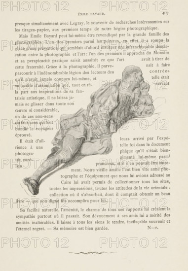 Photo reproduction of a drawing depicting a reclining man, reproduction, page, photomechanical print, photographer: Eugène Pirou, France, cliché maker: anonymous, c. 1881 - in or before 1891, paper, autotypie, height 105 mm x width 115 mm, lying figure, A sepia-toned page shows a reclining male figure sketch occupying the center right, wearing loose, layered clothing with a textured, shaded rendering; he is propped on one elbow with his head turned to the side and his legs extended, one foot visible with a shoe, and the drawing overlaps printed columns of text on a pale background with a decorative flourish near the bottom.