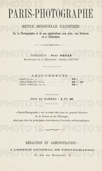 Paris-Photographe première année 1891 No 9, page, magazine, 1891, paper, engraving, printing, autotype, photoaquatint, collotype, height 272 mm x width 180 mm x thickness 6 mm, Magazine is in a binder., A vertically oriented page with a cream background and black printed elements arranged in centered lines, featuring several horizontal decorative lines and a small ornamental flourish, with varying sizes of serif type creating a hierarchy of headings and smaller blocks of text, and with generous margins around the content.