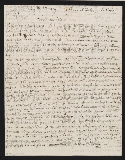 Letter to Emile Ernest Bernard, letter, Letter dated Aout-Sept 1897 in later hand., writer (clerical worker): Émile Bernard, Cairo (city), 1897, writer (clerical worker), Ottoman Empire, North Africa, materials by function, paper, ink, writing (processes), pen, height 425 mm x width 425 mm, Person, Emile Ernest Bernard, A single sheet of aged paper with dense handwritten cursive text filling most of the page, darker ink strokes and occasional blotches visible across the writing, a darker border surrounding the sheet, and slightly uneven margins with faint ruling lines and areas of lighter smudging.