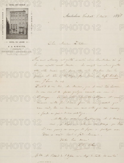 Letter to Philip Zilcken, letter, Letter contains notes from Philip Zilcken on verso., writer (clerical worker): Claudius Blanc, Amsterdam, writer (clerical worker): Philip Zilcken, 1898-08-05, writer (clerical worker), draftsman (artist), paper, materials by function, lined paper, ink, pencil, writing (processes), pen, printing, height 425 mm x width 425 mm, Person, Gabriel Mourey, The Hague, Haarlem, A cream-colored sheet with faint horizontal lines and a vertical fold down the center, featuring an inset vignette of a multi-story building with multiple windows and a doorway in the upper left area, decorative border elements framing the vignette, and cursive handwriting across the page in brown ink with varying line spacing and slanted strokes.