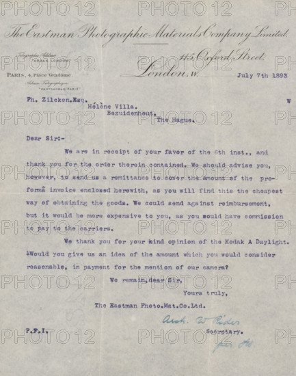 Letter to Philip Zilcken, letter, writer (clerical worker): Eastman Photographic Materials Company Ltd, London, writer (clerical worker): Asch. W. Rider, 1893-07-07, writer (clerical worker), materials by function, paper, ink, typewriting, writing (processes), pen, printing, height 425 mm x width 425 mm, money, photography, cinematography, A faded sheet of paper with a printed letterhead at the top featuring ornate cursive text and smaller printed lines, a typed body of text in purple ink occupying the upper and middle areas, several small smudges and creases across the page, a blue handwritten signature toward the lower right, and a small stamped marking in purple near the bottom left.