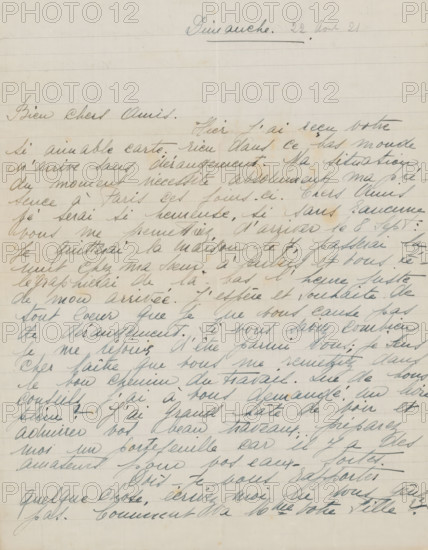 Letter to Philip Zilcken, letter, writer (clerical worker): Rose Imel, 1911 - 1930, writer (clerical worker), paper, materials by function, lined paper, ink, writing (processes), pen, height 425 mm x width 425 mm, Person, Philip Zilcken, the graphic arts, Paris, Antwerp, A sheet of lined paper filled with cursive handwriting in dark ink, with writing covering most of the page and varying in slant and pressure; the paper shows faint horizontal lines and a vertical crease near the center, with tiny scattered spots and areas of light discoloration; the top of the page has a short underlined word written more prominently than the rest, and the ink appears slightly faded in places while darker and bolder in others, creating an overall textured, handwritten appearance.