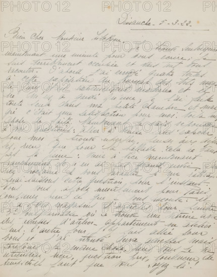 Letter to Philip Zilcken, letter, writer (clerical worker): Rose Imel, 1922-03-05, writer (clerical worker), paper, materials by function, lined paper, ink, writing (processes), pen, height 425 mm x width 425 mm, Person, Philip Zilcken, workshop, studio of the artist (in general), painting (including book-illumination, miniature-painting), exhibition, art, Paris, Venice, A sheet of aged paper with pale horizontal ruling fills the image, covered across its surface with cursive handwriting in a dark ink that varies in intensity, showing flowing slanted lines and looping strokes; the ink appears slightly faded in places and there are small brownish spots and faint creases on the paper, including a vertical crease near the center and subtle horizontal fold marks, while the margins show slight discoloration and the overall tone of the paper is an off-white with a warm, slightly yellowed patina.