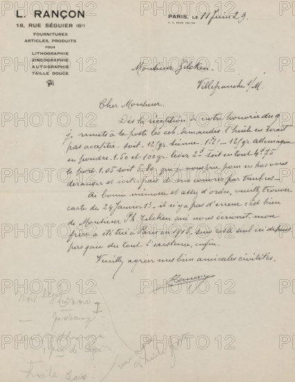 Letter to Philip Zilcken, letter, Letter contains note from Philip Zilcken., writer (clerical worker): L. Rançon, Paris, 1929-06-11, writer (clerical worker), draftsman (artist), materials by function, paper, ink, pencil, writing (processes), pen, printing, height 425 mm x width 425 mm, Person, Philip Zilcken, A vertically oriented aged sheet of paper with printed letterhead in the top left and a small printed section at the top right, filled with flowing cursive handwriting across the upper two thirds of the page; the left side of the sheet shows a small decorative emblem beneath the printed heading. The paper has a central vertical fold and a horizontal fold lower on the page, with faint discoloration and small scattered spots. The lower half contains light pencil scribbles and sketches in a slanted arrangement, including a curved line connecting several annotations and faint erased marks. Towards the bottom center there is a bold cursive signature with an underline and a few stray p...
