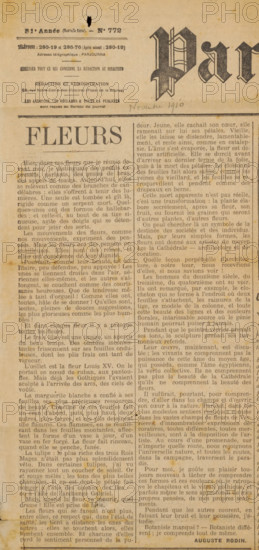 Newspaper clipping from archive Philip Zilcken, newspaper clipping, writer (clerical worker): Auguste Rodin, 1910-11-16, writer (clerical worker), printer (person), ink, materials by function, paper, printing ink, printing, height 425 mm x width 425 mm, Person, Philip Zilcken, A yellowed, aged newspaper page with a large headline at the left reading a single word in bold serif capitals, surrounded by dense columns of justified text in a serif typeface; a decorative, partially visible masthead with ornate blackletter lettering appears at the top right, and a narrow handwritten note in pencil sits beneath it; the page shows spots of foxing and small dark stains, as well as a small tear and hole near the top, and the paper edges are slightly worn and discolored; thin horizontal rules separate sections near the top, and smaller headings and blocks of text fill the page in uniform narrow columns.