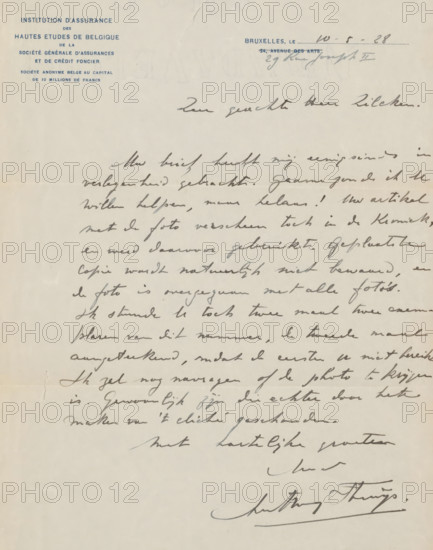 Letter to Philip Zilcken, letter, writer (clerical worker): Anthony Struys, Brussels, 1928-05-28, writer (clerical worker), materials by function, paper, ink, writing (processes), pen, printing, height 425 mm x width 425 mm, Person, Philip Zilcken, photography, cinematography, printed matter, A sheet of aged off-white paper with blue printed headings in the upper left and right corners and a light vertical crease near the top, covered across most of its surface by dark cursive handwriting in ink, with heavier inked signatures near the lower right; the paper shows slight discoloration and faint horizontal fold lines, small tears and worn edges, and areas of lighter blank space toward the left and bottom margins.