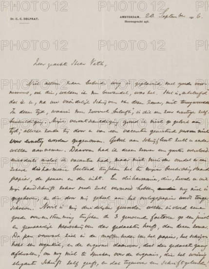 Letter to Jan Veth, letter, writer (clerical worker): CC Delprat, Amsterdam, 1916-09-28, writer (clerical worker), paper, materials by function, lined paper, ink, writing (processes), pen, printing, height 425 mm x width 425 mm, Person, Jan Veth, family life, A sheet of aged paper with a faint grid texture, featuring dark brown handwritten cursive across most of the page and printed headings near the top; the handwriting varies in size and slant and forms continuous lines that run horizontally, with occasional darker, bolder strokes. The top left shows a small printed name line, and the top right contains a printed city line with a short handwritten word beside it. The page has a vertical fold crease down the center and a few small spots and light stains near the edges. The ink appears slightly faded in places, and the margins are mostly clear of writing.