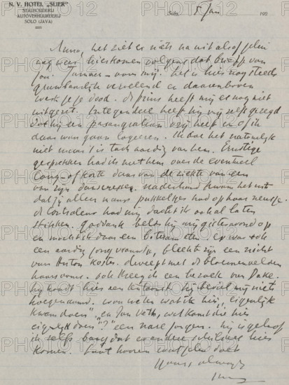 Letter to Anna Dorothea Dirks, letter, Dated January 5. In later hand 1922., writer (clerical worker): Isaac Israels, Solo, 1920 - 1929, writer (clerical worker), Java, Central Java, paper, materials by function, lined paper, ink, writing (processes), pen, printing, height 425 mm x width 425 mm, Person, Jan Veth, Carel Lodewijk Dake, Anton L. Koster, Anna Dorothea Dirks, exhibition, art, diseases, A sheet of lined paper with handwritten cursive covering most of the page, darker ink strokes varying in thickness and pressure, with the handwriting slanting slightly and filling nearly the entire sheet; a printed hotel letterhead appears near the top left corner and a short printed line and small printed text sit near the top right; a central vertical fold is visible, creating a pale crease down the middle; the paper shows a slightly aged, off-white tone with subtle spotting and faint horizontal blue guide lines; the ink is a dark brown-black and there are places where the pen lifted or the...