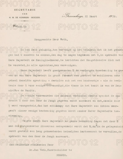 Letter to Jan Veth, letter, watermark, writer (clerical worker): Secretariat of HM the Queen Mother, The Hague, writer (clerical worker): unknown, 1918-03-21, writer (clerical worker), materials by function, paper, ink, writing (processes), pen, printing, height 425 mm x width 425 mm, Person, Willem III (king of the Netherlands), Jan Veth, Alfred Rudolph Zimmerman, Wilhelmina of the Netherlands, H. de Jongh, historical persons (portraits and scenes from the life), A faded, aged single-page typed letter on cream paper with a printed letterhead at the top left and a decorative emblem area near the top center, typed lines forming paragraphs across the page, visible indentations and uniform monospaced type, small decorative marks and flourishes near the heading, a centered salutation line below the header, even margins on both sides, faint creases and slight discoloration around the edges, and a few small smudges and spots on the lower left area of the page.