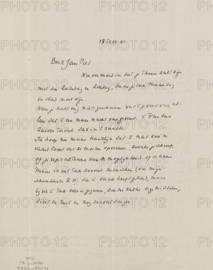 Letter to Jan Veth, letter, writer (clerical worker): Richard Nicolaüs Roland Holst, 1921-02-18, writer (clerical worker), materials by function, paper, ink, writing (processes), pen, height 425 mm x width 425 mm, Person, Jan Veth, painting (including book-illumination, miniature-painting), exhibition, art, diseases, Paris, A sheet of off-white paper with visible vertical and horizontal fold lines and a faint grid texture, containing a column of dark ink handwriting across the upper two-thirds of the page; the handwriting is cursive and slanted, with varying line spacing and occasional darker strokes, and there is a small block of printed letters in the lower left corner; the lower portion of the page is mostly blank with some faint, lighter marks and the paper shows slight discoloration spots and a few small creases.