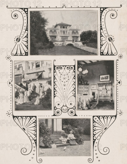 Four depictions of the exterior and interior of Villa Corvin in Hilversum, photomechanical print, collector's mark: 'R:MVS.', annotation: 'villa Corvin, Hilversum', cliché maker: Reinier Willem Petrus de Vries (1874-1953), 1884 - 1952, Reinier Willem Petrus de Vries (1874-1953), cliché maker, paper, autotype, printing block, autotype depictions, cliché ornament border, height 239 mm x width 176 mm, flowers, ornament, villa, A vertically arranged collage of black and white photographs framed by decorative black ornamental borders, the top image showing a large multi-story house with a central tower, flanked by trees and set behind a lawn and driveway, below and to the left a photograph of a group of people on exterior steps beside a building with balustrades and plants, to the right an interior scene with a table covered by a cloth, chairs, a cabinet, framed pictures on the wall, and a chandelier, centered between those images an ornate vertical decorative panel, and below them a photog...