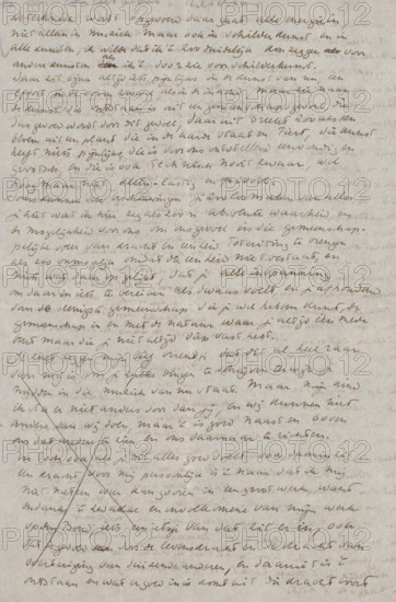 Letter to Ina van Eibergen Santhagens-Waller, letter, Dated Oct 1907 in later hand., writer (clerical worker): Richard Nicolaüs Roland Holst, c. 1878 - 1938, writer (clerical worker), materials by function, paper, ink, writing (processes), pen, height 425 mm x width 425 mm, Person, Alphons Diepenbrock, Frederik van Eeden, Ina van Eibergen Santhagens-Waller, artist's model, sitter, painting (including book-illumination, miniature-painting), photography, cinematography, music, passions, emotions, affections, Amsterdam, Hilversum, Huizen, Carré, Koninklijk Theater, A sheet of aged paper with a dense arrangement of handwritten cursive lines covering most of the surface, the ink varying slightly in tone and intensity; the handwriting slants and flows across the page with occasional darker strokes and lighter faded areas, and there are visible creases and subtle stains on the paper giving it a worn, textured appearance; near the lower left a large diagonal cross has been drawn over part of t...
