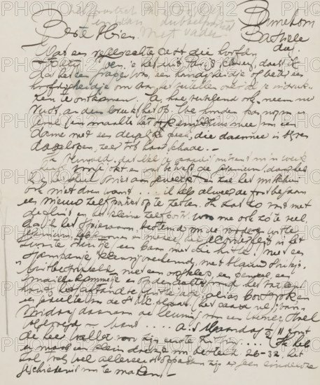 Letter to Mien Cambier van Nooten, letter, Letter dated 'Bastille Day' (July 14)., writer (clerical worker): Dick Ket, Bennekom, 1912 - 1940, writer (clerical worker), draftsman (artist), materials by function, paper, ink, writing (processes), pen, height 425 mm x width 425 mm, Person, Edgar Degas, Nelly Johanna Hagelen-Schilt, Paul Gauguin, Mien Cambier van Nooten, portrait, self-portrait of artist, historical persons (portraits and scenes from the life), music, brushes, implements of painter, Paris, A sheet of paper filled edge to edge with dense cursive handwriting in dark ink, showing variations in ink darkness and pressure, with overlapping lines and occasional heavier strokes; the paper has a vertical fold line near the center and faint crease marks, and there are small smudges and areas where ink appears blotted or doubled; the handwriting slants and varies in size across the page, with larger looping script near the top and more compact writing toward the middle and bottom; mar...