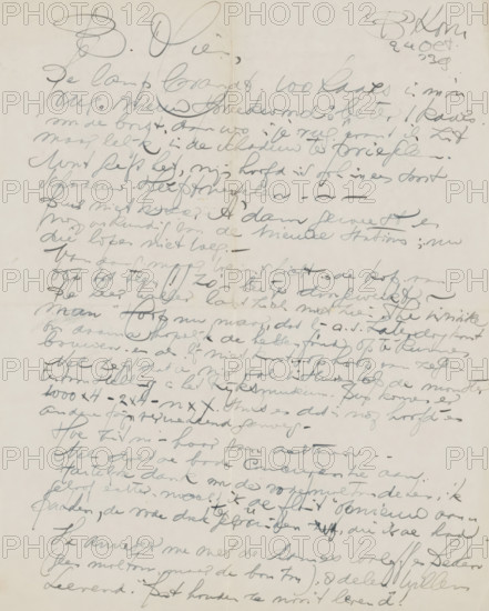 Letter to Mien Cambier van Nooten, letter, writer (clerical worker): Dick Ket, Bennekom, 1939-10-24, writer (clerical worker), materials by function, paper, ink, writing (processes), pen, height 425 mm x width 425 mm, A sheet of off-white paper covered edge to edge with dense handwritten cursive strokes in dark gray and black ink, showing flowing loops, slanted lines, and areas of heavier pressure, with a few larger signatures or marks near the top, faint creases and a vertical fold down the center, slight smudges and tiny stains scattered across the surface, and variations in ink darkness and line thickness creating a layered, textured appearance.