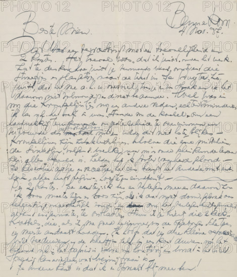 Letter to Mien Cambier van Nooten, letter, writer (clerical worker): Dick Ket, Bennekom, 1937-11-04, writer (clerical worker), draftsman (artist), paper, materials by function, lined paper, ink, writing (processes), pen, height 258 mm x width 209 mm, Person, Gustave Flaubert, W. Jos de Gruyter, literature, arts, sitting figure, historical persons (portraits and scenes from the life), printed matter, arms crossed, diseases, A sheet of lined paper filled edge to edge with dense cursive handwriting in dark ink, showing large looping strokes and varied pressure, with a prominent signature-like flourish near the top right and a bold, stylized heading at the top left, faint vertical crease down the center, a few small smudges and tiny stains scattered across the page, and a narrow margin visible along the left edge.