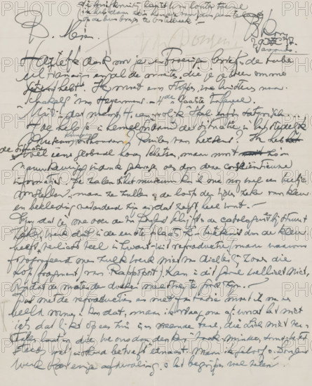 Letter to Mien Cambier van Nooten, letter, writer (clerical worker): Dick Ket, Bennekom, 1937-12-29, writer (clerical worker), draftsman (artist), paper, materials by function, lined paper, ink, writing (processes), pen, height 425 mm x width 425 mm, Person, Gustave Flaubert, Herman Heijermans, Kees van Dongen, Stedelijk Museum (Amsterdam), Honoré de Balzac, Mien Cambier van Nooten, literature, arts, container of glass: bottle, jar, vase, painting (including book-illumination, miniature-painting), A sheet of lined paper filled with dense cursive handwriting in dark ink covering nearly the entire page, with a variety of pen strokes ranging from thin to thick and several darker scribbles and signatures near the top; the paper shows a vertical fold line down the center and faint horizontal lines from the page ruling; there are small smudges and tiny spots of discoloration in places, and the ink varies in intensity across the sheet.