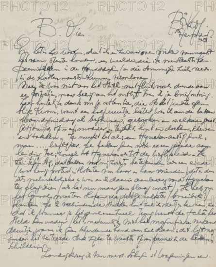 Letter to Mien Cambier van Nooten, letter, writer (clerical worker): Dick Ket, Bennekom, 1938-09, writer (clerical worker), draftsman (artist), paper, materials by function, lined paper, ink, writing (processes), pen, height 425 mm x width 425 mm, Person, Agnes Maas-van der Moer, Carel van Lier, Raoul Hynckes, Roswitha Bitterlich-Brink, Gerard Bilders, Henri Evenepoel, Mien Cambier van Nooten, painting (including book-illumination, miniature-painting), art trade, art shop, fruits, plants and herbs, music, A sheet of lined paper filled with dense cursive handwriting in dark ink, the writing covering almost the entire page with varying line thickness and occasional heavier ink strokes, two prominent larger signatures or flourishes near the top, faint pencil smudges and erased marks visible in the upper area, subtle horizontal fold creases across the sheet, and slight discoloration or aging of the paper giving it a warm off-white tone.