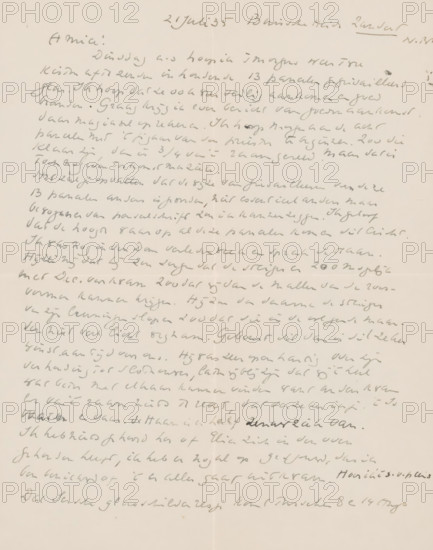Letter to Willem Bogtman, letter, watermark, writer (clerical worker): Richard Nicolaüs Roland Holst, Zundert, 1935-07-21, writer (clerical worker), materials by function, paper, ink, writing (processes), pen, height 425 mm x width 425 mm, Person, Willem Bogtman, Dirk Frederik Slothouwer, Mr. de Haan, applied arts, arts and crafts, industrial design, Utrecht, Dom van Utrecht, Domkerk (Utrecht), A single sheet of aged paper covered with cursive handwriting in pencil across the page, with lines of script filling nearly the entire surface and a faint vertical crease near the center; the handwriting varies in darkness and pressure, showing some darker strokes and lighter, more faded areas, and there are small smudges and faint stains on the paper surface; the paper has a warm, slightly yellowed tone and visible subtle texture.