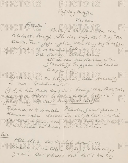 Letter to Willem Bogtman, letter, writer (clerical worker): Richard Nicolaüs Roland Holst, 1935, writer (clerical worker), materials by function, paper, ink, writing (processes), pen, height 425 mm x width 425 mm, Person, Willem Bogtman, applied arts, arts and crafts, industrial design, Utrecht, Utrecht Cathedral, Domkerk (Utrecht), Montoire-sur-le-Loir, A cream-colored sheet fills the frame with flowing dark handwriting across it, the ink varying in thickness and darkness. The page shows a vertical crease down the center and a faint horizontal fold near the middle, creating subtle shadows. Handwritten lines slope across the sheet in a loose, cursive style with occasional underlines and small clusters of denser writing. The ink appears darker in some strokes and lighter in others, giving a textured, organic look to the script. Margins are irregular, with writing extending close to the edges in places and more open space elsewhere. Overall the image shows a single worn sheet with visibl...