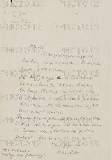 Letter to Willem Bogtman, letter, writer (clerical worker): Richard Nicolaüs Roland Holst, after 1925-08-31, writer (clerical worker), materials by function, paper, ink, writing (processes), pen, height 425 mm x width 425 mm, Person, Willem Bogtman, drawing, A sheet of aged paper with handwritten cursive lines filling the center and lower portions, the ink varying in darkness and thickness and showing some blotches and smudges; the paper has a vertical crease near the middle and a horizontal crease across the lower third, with small spots, stains, and faint discolorations scattered across the surface; the top left corner contains faint scribbles and a dark ink blot, while the bottom left and right margins show darker handwritten marks and a small tear near one fold; overall the page appears worn and slightly yellowed with visible texture and subtle shadows along the folds.