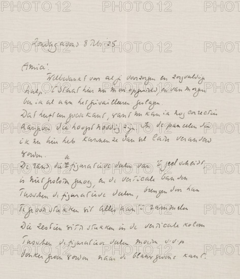 Letter to Willem Bogtman, letter, writer (clerical worker): Richard Nicolaüs Roland Holst, Paris, 1925-02-08, writer (clerical worker), draftsman (artist), materials by function, paper, ink, pencil, writing (processes), pen, height 425 mm x width 425 mm, Person, Willem Bogtman, exhibition, art, plan, architecture, applied arts, arts and crafts, industrial design, A sheet of off-white lined paper filled with cursive handwriting in dark ink, the writing appearing in multiple slanted lines across the page with variable spacing and occasional loops and flourishes, a larger gap near the top where a short line of script is set apart, and faint horizontal texture visible on the paper background.