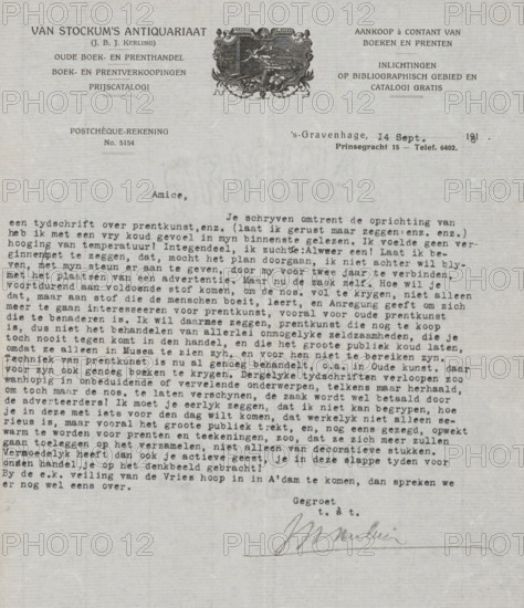Letter to Bernard Houthakker, letter, writer (clerical worker): Antiquariaat WP van Stockum, The Hague, writer (clerical worker): JBJ Kerling, 1918-09-14, writer (clerical worker), materials by function, paper, ink, typewriting, writing (processes), pen, printing, height 425 mm x width 425 mm, Person, Bernard Houthakker, Kunsthandel, Veiling RWP de Vries, the graphic arts, art trade, art shop, printed matter, Amsterdam, A vertically oriented aged paper document with a decorative emblem near the top center and a printed header on both sides, faint printed body text filling the upper two thirds of the page and continuing densely across the middle, a centered salutation near the top of the text block, and a handwritten signature with a horizontal flourish near the bottom; the paper shows a vertical fold line down the center and light creases and discoloration across the surface.
