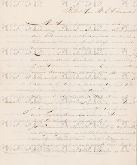 Letter to Christiaan Immerzeel, letter, writer (clerical worker): Izaak Vaarzon Morel, Gorinchem, 1842-09-14, writer (clerical worker), materials by function, paper, ink, writing (processes), pen, height 425 mm x width 425 mm, Person, Jan Willem Pieneman, Jurriaan Andriessen, Christiaan Immerzeel, Rijksakademie van Beeldende Kunsten, education, tuition of the artist (in general), workshop, studio of the artist (in general), drawing, painting (including book-illumination, miniature-painting), A photograph of a sheet of aged paper covered in flowing cursive ink handwriting, with dark brown pen strokes varying in thickness across the page, faint horizontal guide lines visible beneath the writing, several small ink blotches and smudges, and a pale cream background showing subtle discoloration and creases.