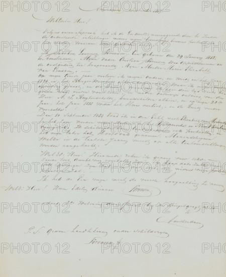 Letter to Christiaan Immerzeel, letter, writer (clerical worker): Jacobus Sörensen, Amsterdam, 1847-09, writer (clerical worker), materials by function, paper, ink, writing (processes), pen, height 425 mm x width 425 mm, Person, Christiaan Immerzeel, education, tuition of the artist (in general), drawing, historical persons (portraits and scenes from the life), painting (including book-illumination, miniature-painting), A pale sheet filled with dense, flowing cursive handwriting across the upper and middle areas, written in brown ink with elegant loops and flourishes, leaving the lower portion mostly blank; the paper shows faint age spots and slight discoloration, with a few darker inked signatures and a small oval flourish near the center, and a subtle border of light shadows around the edges.