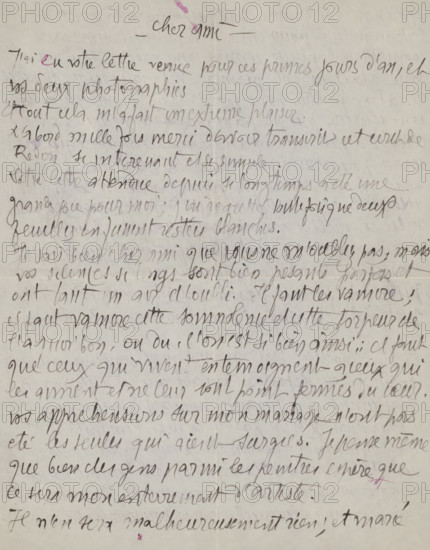 Letter to Andries Bonger, letter, watermark, writer (clerical worker): Émile Bernard, Cairo (city), in or before 1895-01-14, writer (clerical worker), Ottoman Empire, North Africa, materials by function, paper, ink, writing (processes), pen, height 425 mm x width 425 mm, Person, Rembrandt van Rijn, Andries Bonger, Pierre Renoir, Albrecht Dürer, Michelangelo, Odilon Redon, Mercure de France, Julien Tanguy, Ernest Hello, Ivan Gustaf Aguéli, Werner von Hausen, Paul Gavarni, photography, cinematography, Paris, A sheet of off-white paper covered edge-to-edge with dense cursive handwriting in dark ink, with lines of script varying in thickness and opacity, some areas appearing more faded and smudged than others, and faint impressions of writing visible on the reverse showing through; there are small blotches and spots of purple ink in a few places, a slight vertical crease near the center, and the overall surface shows subtle paper texture and slight discoloration giving an aged appearance.