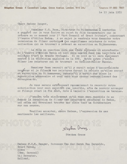 Letter to Françoise WM Bonger, letter, watermark, writer (clerical worker): Stephen Cross, London, 1972-06-19, writer (clerical worker), materials by function, paper, ink, typewriting, writing (processes), pen, printing, height 425 mm x width 425mm, A typed letter on off-white paper with a printed letterhead at the top left and typed lines across the page, showing a salutation near the top and multiple short paragraphs of typed text filling the central area, a handwritten signature and a printed name centered below the body of the letter, and an address block typed near the lower left, all against a plain background.