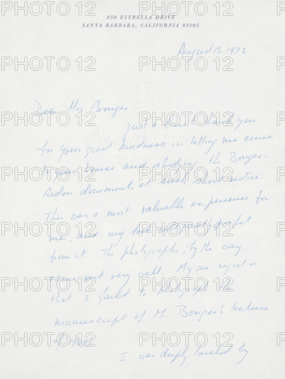 Letter to Françoise WM Bonger, letter, watermark, writer (clerical worker): Henri Dorra, Santa Barbara, 1972-08-13, writer (clerical worker), North America, California, materials by function, paper, ink, writing (processes), pen, printing, height 425 mm x width 425 mm, Person, Andries Bonger, Odilon Redon, Françoise WM Bonger, photography, cinematography, A sheet of pale stationery with a printed heading centered near the top and a handwritten date in blue ink toward the upper right; the body of the page contains cursive handwriting in blue ink arranged in slanted lines across the sheet; a faint circular embossed seal is visible near the center; the paper shows a subtle vertical fold crease down the middle and slight texture throughout.