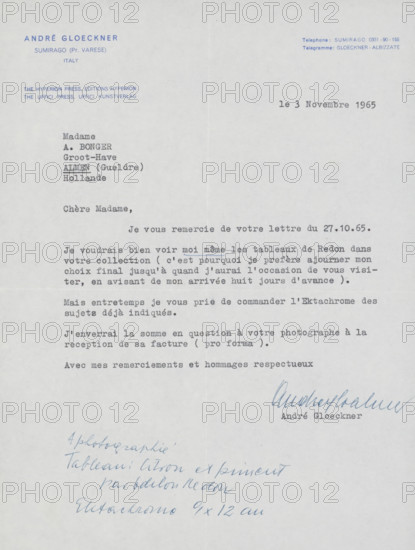 Letter to Françoise WM Bonger, letter, watermark, writer (clerical worker): André Gloeckner, Sumirago, 1965-11-03, writer (clerical worker), materials by function, paper, ink, typewriting, writing (processes), pen, height 425 mm x width 425 mm, Person, Odilon Redon, Françoise WM Bonger, art collecting, painting (including book-illumination, miniature-painting), photography, cinematography, A single sheet of paper with typed lines in dark ink across the upper and middle portions and blue handwritten notes and a signature near the lower right; the paper shows a faint central vertical fold and a subtle horizontal crease, with a small darker smudge at the top center; the typed text is left-aligned on the left half and also appears on the right half, with a block of typed lines in the upper left corner and several paragraphs of typed lines descending the page; a bold handwritten signature in blue ink sits near the lower right above additional typed characters, and blue cursive handwriting f...