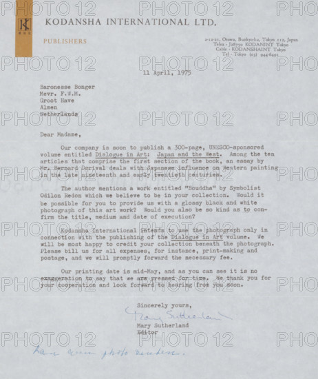 Letter to Françoise WM Bonger, letter, writer (clerical worker): Kodansha International Ltd., Tokyo, writer (clerical worker): Mary Sutherland, 1974-07-26, writer (clerical worker), Kanto, materials by function, paper, ink, typewriting, writing (processes), pen, printing, height 425 mm x width 425 mm, Person, Odilon Redon, Françoise WM Bonger, art collecting, photography, cinematography, printed matter, A pale sheet of paper with a company letterhead at the top left featuring a vertical ochre rectangle and a small dark square emblem, a large bold company name centered near the top, and a block of smaller text at the top right; typed lines of correspondence occupy the upper and middle portions of the page, with several paragraphs of justified type and a few indented lines, and a typed sign-off near the lower middle above a blue handwritten signature; faint horizontal fold lines run across the paper and the background shows a subtle textured pattern.