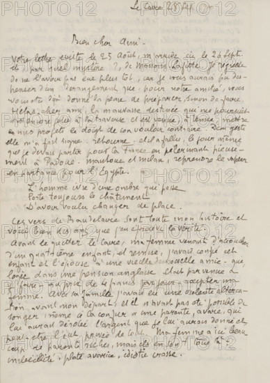 Letter to Andries Bonger, letter, writer (clerical worker): Émile Bernard, Cairo (city), 1900-09-28, writer (clerical worker), Ottoman Empire, North Africa, materials by function, paper, ink, writing (processes), pen, height 425 mm x width 425 mm, Person, Rembrandt van Rijn, Peter Paul Rubens, Frans Hals, Eugène Delacroix, Andries Bonger, Albert Besnard, Raphael, Titian, Paul Verlaine, Andrea Mantegna, Jacopo Tintoretto, Diego Rodriguez de Silva y Velázquez, Charles Baudelaire, Giotto de Bondone, Odilon Redon, Leonardo da Vinci, Pierre Cécile Puvis de Chavannes, Paul Gauguin, Edouard Manet, Donatello, Léon Vanier, Aurelio Luini, Francis Jourdain, travelling, tourism, family life, painting (including book-illumination, miniature-painting), exhibition, art, money, passions, emotions, affections, Paris, Antwerp, Egypt, Holland, Catalonia, Barcelona (city), Brussels, Lombardy, Venice, Madrid, Comunidad de Madrid, Milan, Padua, Colombes, A sheet of off-white paper covered in dense cursive h...