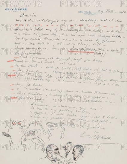 Letter to anonymous, letter, watermark, writer (clerical worker): Willy Sluiter, The Hague, 1940-02-29, writer (clerical worker), draftsman (artist), inorganic material, materials by function, paper, ink, chalk, writing (processes), pen, printing, height 425 mm x width 425 mm, Person, Lucie van Dam van Isselt, Ina Hooft, Jan Franken, Jo Koster, Jan Pzn. Franken, Willem van Dort, Fred Brouwer, Pulchri Studio, Sierk Schröder, Ype Wenning, historical persons (portraits and scenes from the life), glass of wine, A sheet of paper with handwritten cursive lines across the upper two thirds, featuring a printed name in the top left and a printed location in the top right, several short horizontal marks in a colored pencil scattered down the left margin and underlining one line of handwriting, small doodle-like sketches in the lower left of stylized objects and shapes with colored accents, and three roughly sketched male figures in the lower center drawn in ink with minimal shading.