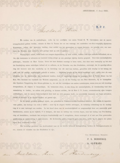 Letter to Lambertus Hardenberg (1822-1900), letter, writer (clerical worker): Pierre Louis Dubourcq, Amsterdam, writer (clerical worker): Alexander Oltmans, 1846-06-01, writer (clerical worker), materials by function, paper, ink, printing, writing (processes), pen, height 425 mm x width 425 mm, Person, Henricus Wilhelmus Couwenberg, Johannes Philippus Lange, Benoit Taurel, Lambertus Hardenberg (1822-1900), the graphic arts, money, A large sheet of aged paper with a centered block of small printed lines in a faded gray tone near the top and middle, a larger cursive signature in flowing dark ink across the top center, a smaller stamped rectangle of darker ink to the right, and several additional lines of printed text in lighter gray continuing down the page, with a bold printed name cluster near the lower right and a long horizontal cursive signature in dark ink along the bottom edge; the paper shows light discoloration and spots near the top and along the edges.