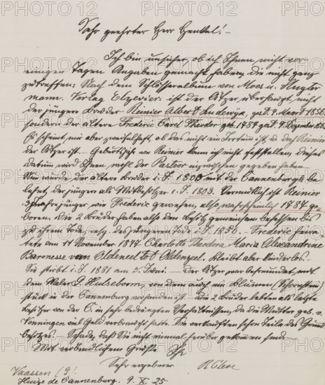 Letter to Max Dittmar Henkel, letter, writer (clerical worker): Richard Cleve, Vaassen, 1925-10-09, writer (clerical worker), paper, materials by function, lined paper, ink, writing (processes), pen, height 425 mm x width 425 mm, Person, Ernst Wilhelm Moes, Max Dittmar Henkel, Karel Sluijterman, A vertical sheet of lined paper filled with dense cursive handwriting in dark ink, showing a header line at the top followed by numerous flowing lines of script that slant slightly and vary in thickness, with occasional underlined segments and faint horizontal fold creases across the page, the ink appearing darker in some strokes and lighter in others, and the lower portion containing a few larger, more prominent signatures and shorter lines separated from the main block of text.