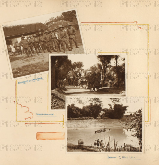 Soldiers and transport at Grobogan, album page, photograph, Album page with three photos of soldiers, a transport of kiobot, and the crossing of a river at Grobogan. The page is decorated with borders around the photos. Part of the photo album presented to J. Habbema by the Internal Administration Corps of the Grobogan Regency, upon the termination of his administration of the Regency, probably in 1928., Grobogan, 1910 - 1928, photographer, draftsman (artist), Java, Central Java, paper, daylight gelatin silver print, drawing, height 240 mm x width 240 mm, Person, KNIL, J. Habbema, Grobogan Regency, the soldier, the soldier's life, river, transport, train (military), traffic and transport, overseas history, Period, A beige album page with decorative colored border lines contains three black-and-white photographs arranged vertically; the top photograph shows a group of uniformed men wearing helmets standing in front of a building with a tiled roof, one figure in light clothing stands bes...