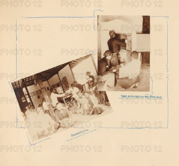 Payment day in a village in Grobogan, album page, photograph, Album page with two photos of payments by a bank in a village in Grobogan. The page is decorated with borders around the photos. Part of the photo album presented to J. Habbema by the Internal Administration Corps of the Grobogan Regency upon the termination of his administration of the Regency, probably in 1928., Grobogan, 1910 - 1928, photographer, draftsman (artist), Java, Central Java, paper, daylight gelatin silver print, drawing, height 240 mm x width 240 mm, Person, J. Habbema, Grobogan Regency, bank, paying of wages, overseas history, banking, Period, A pale beige page shows two sepia photographs affixed at angles, the top photo depicting three people seated on a woven floor near a wooden cabinet with one person reaching into it while another holds a rectangular object, and the lower photo showing a group of people gathered under a roofed structure with wooden beams and chairs, some seated on the floor and others sta...