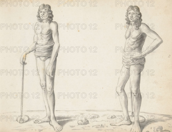 Two Sinhalese tillers, sketchbook page, Two men are standing outside in an open field. They are standing upright, each holding a hoe (udalla) on a long stick. They are both wearing only a small loincloth (lanket, lunket) that covers the groin and leaves the buttocks exposed. The long, wavy hair of both men hangs loosely over their shoulders. The man on the left has the hoe standing on the ground beside him. He holds the stick with his right hand, his left arm hanging relaxed at his side. The man on the right – possibly the same figure – has the hoe standing behind him. These man(s) are Sinhalese farmers belonging to the Goviya caste. They are clearly posing for the artist with the tool used to build the dikes in a rice field. Sheet 29 from a sketchbook with 117 sheets., draftsman (artist): Esaias Boursse, Colombo, 1662, draftsman (artist), South Asia, materials by function, paper, ink, brush, brush in gray, height 148 mm x width 196 mm, working class, laborers, sawahs, rice paddies, ag...